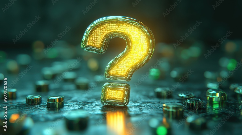 Poster a shiny question mark icon with a glowing outline, placed on a lime green backdrop