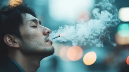 A person is seen with a cigarette, exhaling smoke in a vibrant and bustling city at night, creating an atmospheric scenario with neon lights and urban intensity.