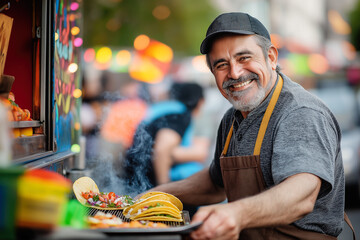 Inside a busy food truck, a middle-aged Hispanic man expertly prepares traditional burritos, with fresh ingredients and a warm smile