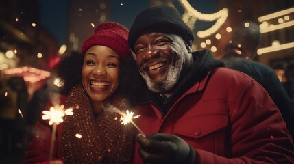 Middle aged African happy couple standing together while holding a lit sparkler cheerfully enjoying the new year. Fictional Characters Created By Generative AI.