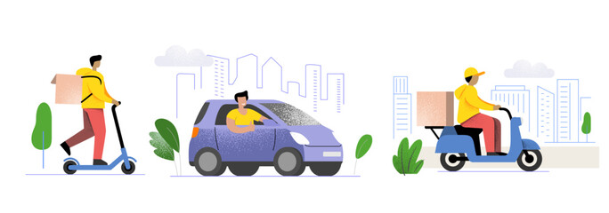 Delivery person travels by car, electric scooter and scooter against backdrop of city. Flat style