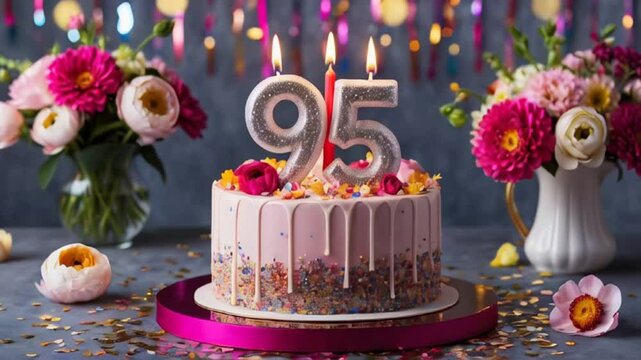 Delicious festive sweet cake with candle number 95, elegant flowers