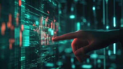 Close-up of a financial advisor's hand pointing at charts on a holographic display, glowing financial data streams, vibrant neon blue and orange, modern office background, 3D rende
