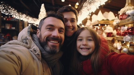 American Family Taking A Selfie At Christmas Time. Fictional Characters Created By Generative AI.