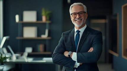 Fototapeta premium Confident Businessman with Arms Crossed Smiling in Office