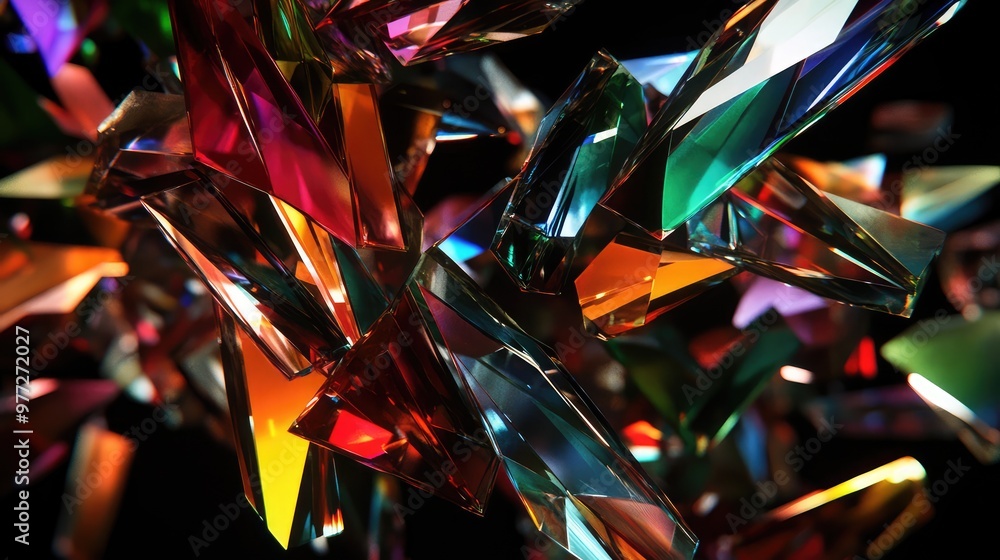 Poster floating shards of colored glass slowly rotating, casting dynamic reflections in a black void.