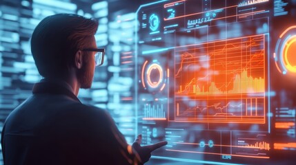 Close-up of an employee reviewing a digital salary breakdown on a holographic display, glowing financial charts, soft neon blue and orange highlights, modern office background, 3D
