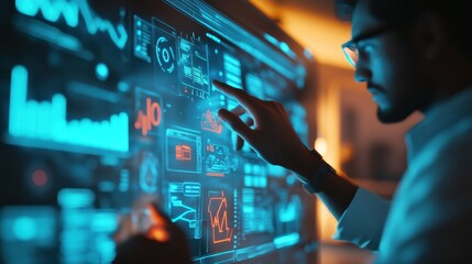 Close-up of an employee using a holographic interface to track salary and budgeting goals, glowing neon blue charts, soft background blur, modern office, 3D render.