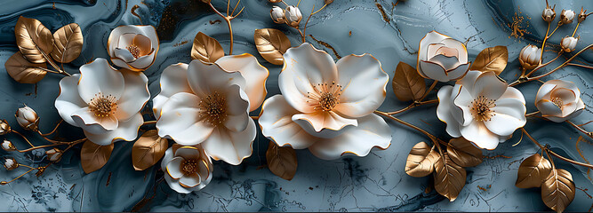 Gold and White Floral Art on Textured Marble Wall Panel. HD AI generate