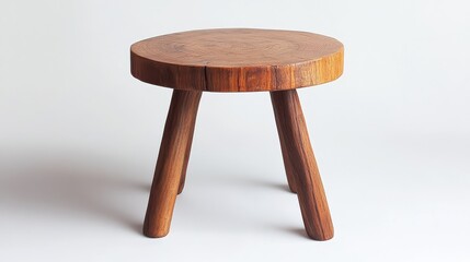 A small wooden side table with a round top and tripod legs on a white background