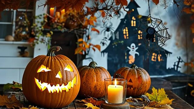 Enchanting Halloween Ambiance. Glowing Pumpkins and Flickering Candles Creating a Spooky Charm