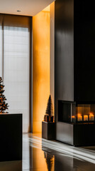 Modern interior design featuring elegant fireplace and festive Christmas tree in a contemporary setting