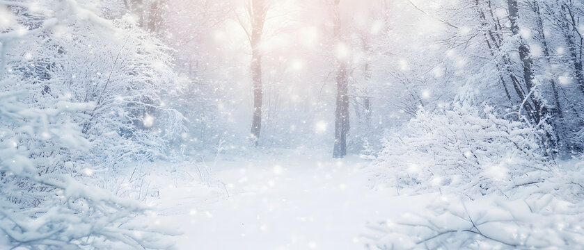 Snowy forest blanketed in fresh snow with branches covered, illuminated by gentle light. This serene and cozy winter scene features a soft, muted color palette, perfect for evoking a  winter theme