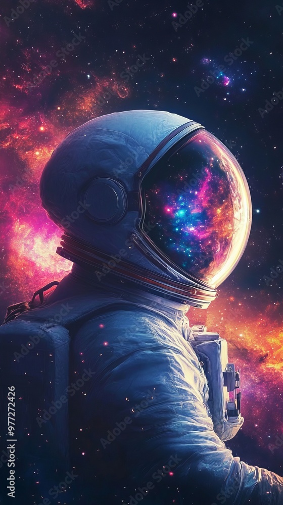 Aufkleber astronaut looking at colorful nebula and galaxy in outer space