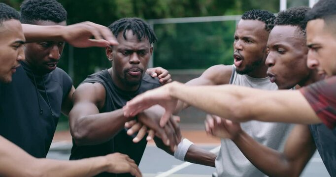 Support, community and motivation with basketball player planning before a game, group strategy. Diverse athlete team huddle and encourage, inspired with energy together during a competitive match