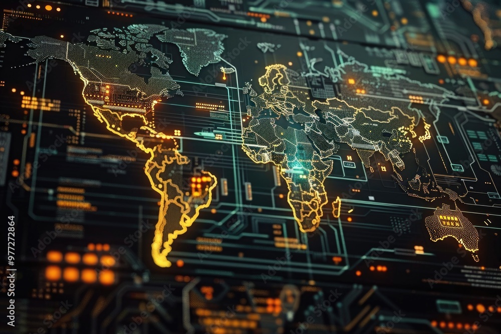 Poster a map of the world printed on a circuit board, suitable for technology and travel concepts