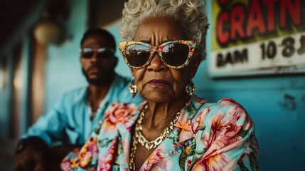 Obraz premium The photograph captures a lively elderly couple in colorful attire sitting in a vibrant urban environment, exuding charm and cultural richness with retro vibes.