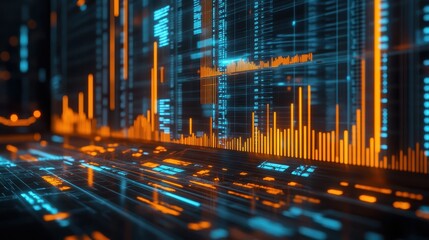 Close-up of budget risk analysis interface, glowing holographic graphs in neon blue and orange, sharp financial data points, futuristic office background, 3D render.