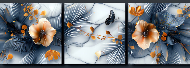 3D Floral Wall Art Design Magnolia flowers in different colors and leaves on white marble background