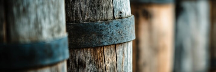 Naklejka premium Vintage wooden barrels in a close-up view arranged in a row, highlighting their rustic textures and aged metal bands.