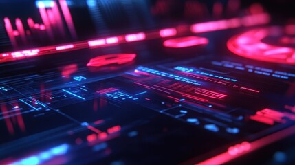 Budget management interface, close-up of glowing financial graphs, red and blue risk indicators, soft neon lighting, sharp focus, futuristic office setting, digital art.