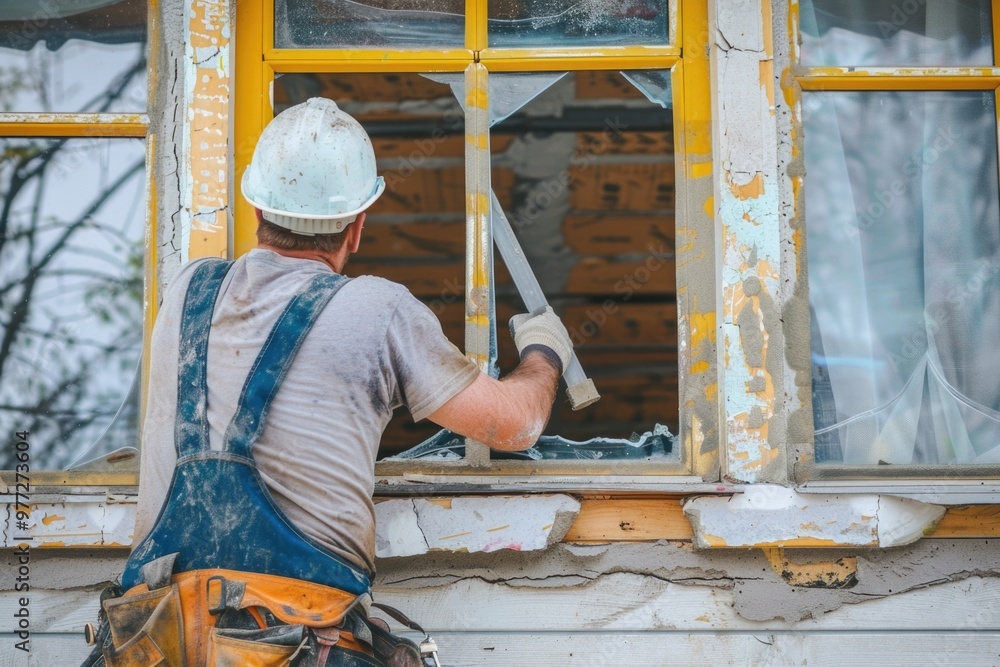Poster a worker in a hard hat and overalls fixing a window