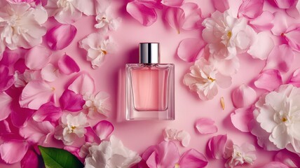 A delicate perfume bottle mockup surrounded by vibrant pink flowers, evoking a sense of elegance and floral beauty.