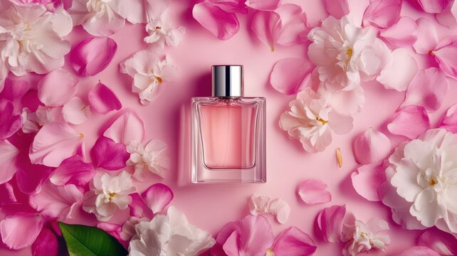 A delicate perfume bottle mockup surrounded by vibrant pink flowers, evoking a sense of elegance and floral beauty.
