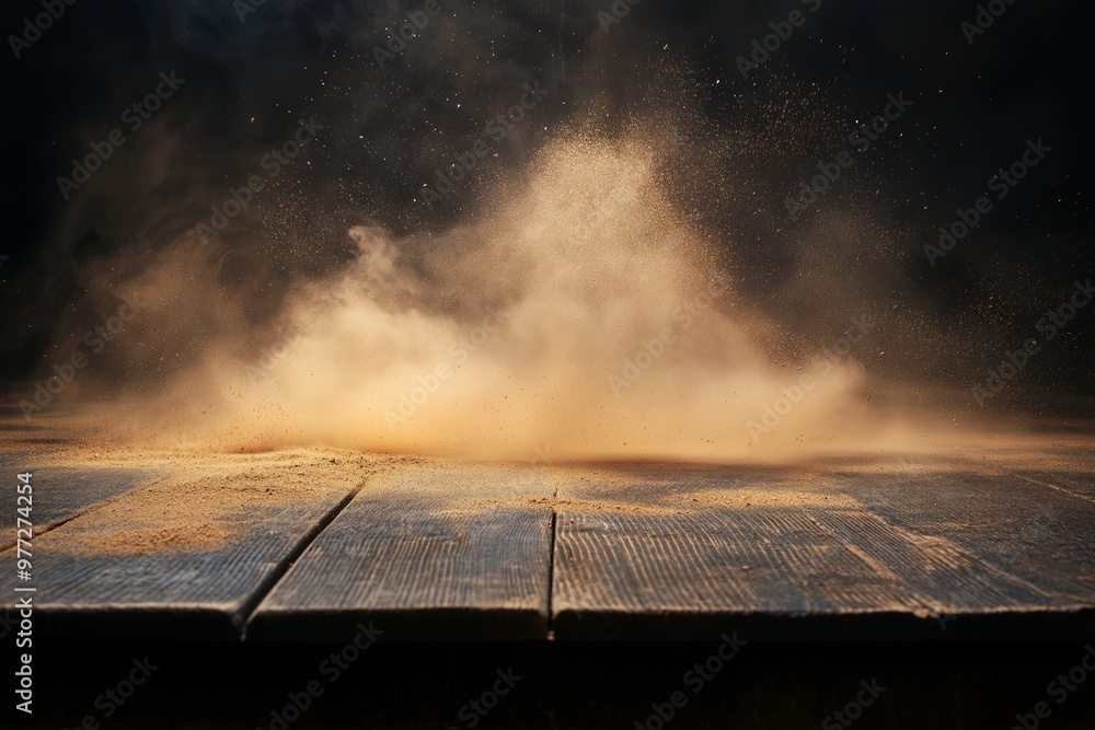 Poster a wood table with a lot of dust on it. the table is empty and the dust is covering the entire surfac