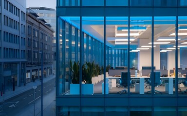 A glass wall of a modern business office building in a city. The glass wall is illuminated in blue light. Inside the office,there are desks, chairs and plants.