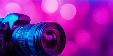 A detailed view of a camera lens with a vibrant bokeh background in pink and purple hues, creating a stunning visual effect.
