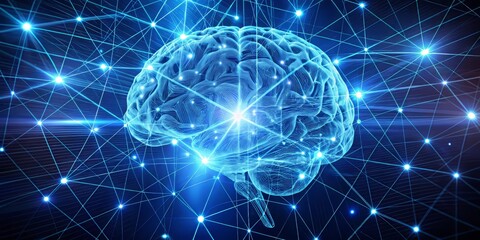 A futuristic, high-tech brain scan image with bright, glowing pathways and connections, set against a dark blue gradient background 