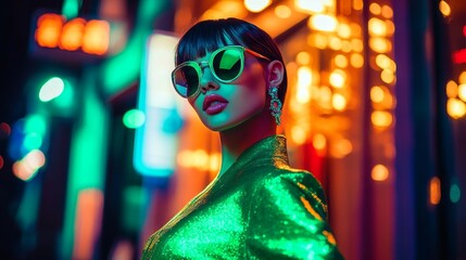 Obraz premium Glamorous woman in emerald green dress and oval sunglasses under neon lights on vibrant city street at night with bokeh lights, cinematic atmosphere.