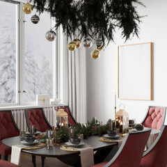 Christmas interior frame, winter and ornament season, dining table room, poster empty in home design new year, element mockup annual holidays, 3d render