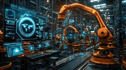 Fototapeta premium A futuristic industrial setting with robots and computer monitors