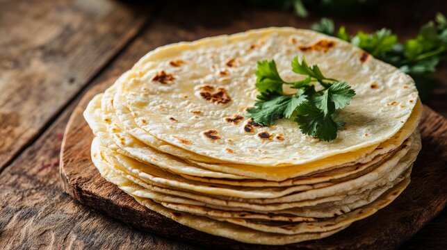 Stack of homemade corn tortillas resting on rustic wooden table
