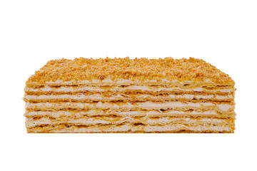 Delicious multi layered napoleon cake with crumb topping isolated on white background