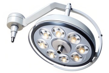 A highly detailed vector graphic of a surgical light against a pure white backdrop, highlighting the device's complex parts and mechanisms, with precise shading and shadowing