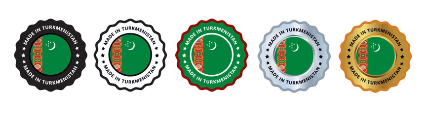 Made in turkmenistan set of sign stamp badge, with varian color green, silver, gold, black suitable for products manufactured, military, agriculture or food vector illustration eps editable text