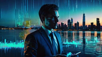 A man in a suit stands in front of a city skyline with digital data overlayed on the scene. - Powered by Adobe