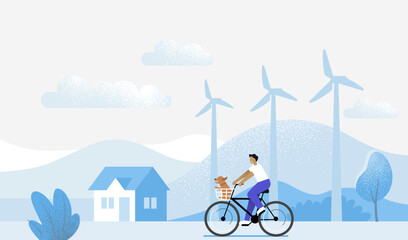 Man rides bicycle through eco landscape on a sunny day. Vector flat