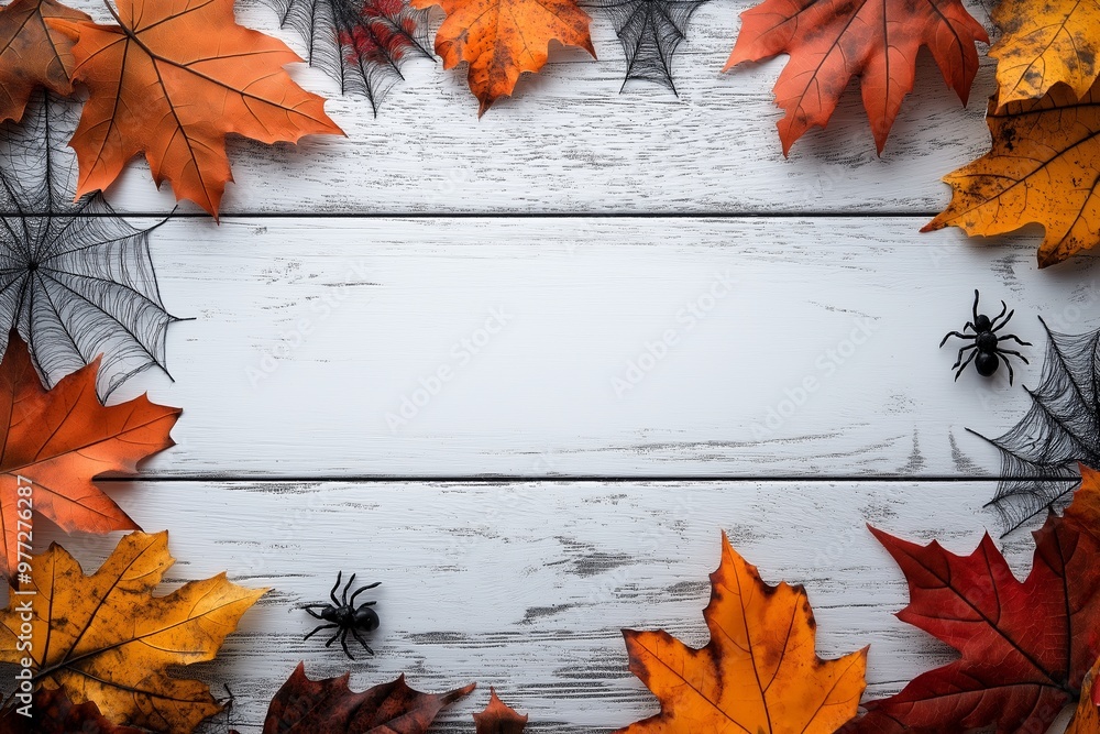 Poster a white background with a frame of orange leaves and black spider webs. the leaves are arranged in a
