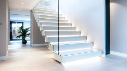 Obraz premium Modern staircase design with sleek white steps and natural light enhancing a minimalist interior space.