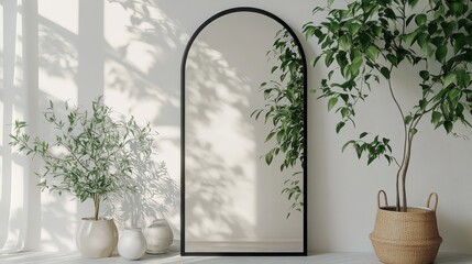 An elegant, modern mirror with a black metal frame standing against a white backdrop