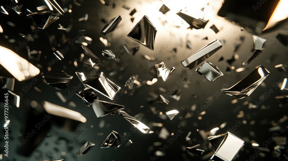 Poster fragmented metallic shards floating in a dark void, reflecting light and casting abstract shadows.