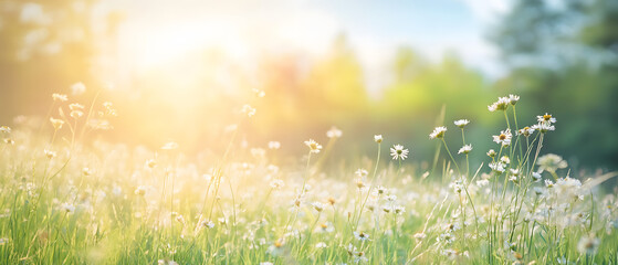 Sunlit meadow with tall grasses and scattered wildflowers under a bright, clear sky. This vibrant scene showcases warm tones and an open, sunny natural environment