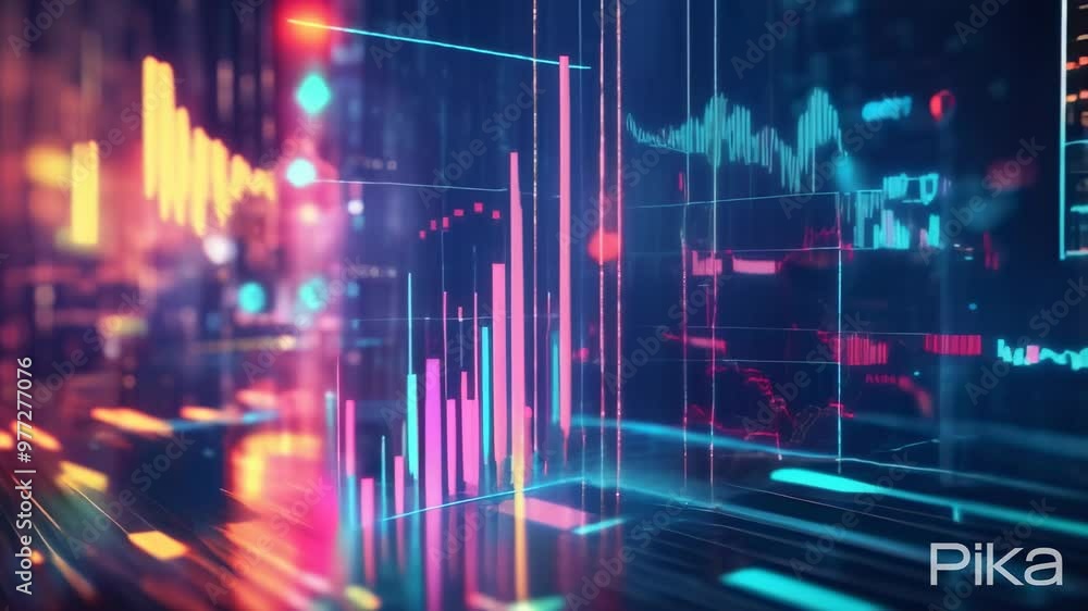Poster Abstract digital chart with glowing bar graphs and data visualizations in a futuristic business setting. Financial growth and analytics concept.