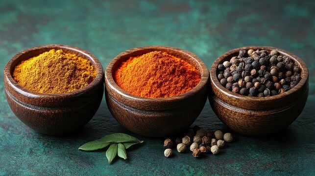 Artistic arrangement of healing spices such as cumin, turmeric, and coriander in small bowls