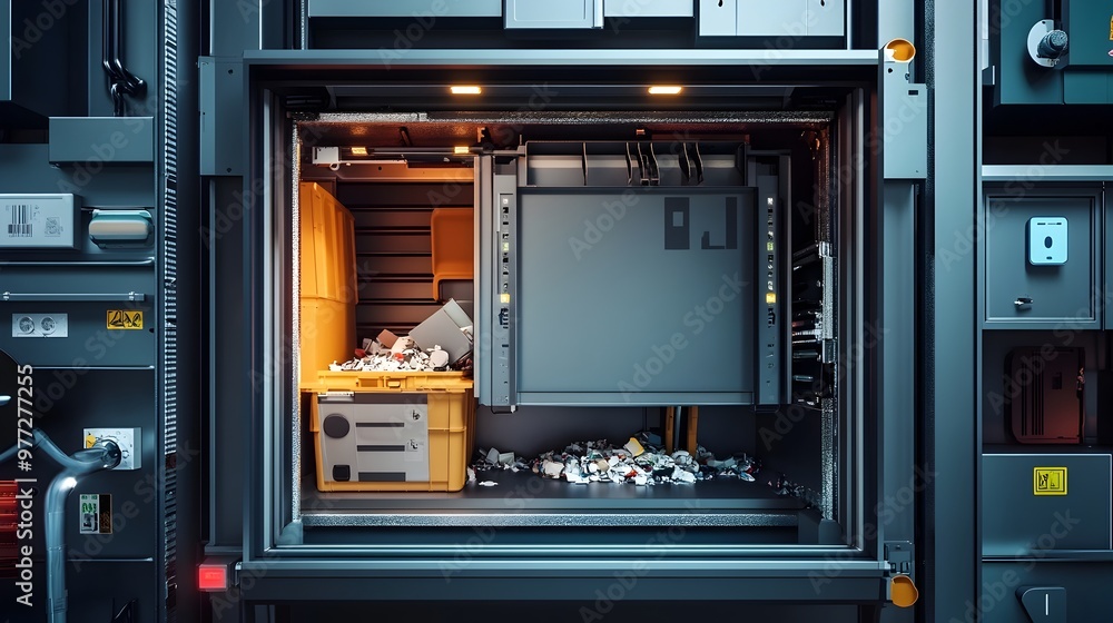 Aufkleber cross-section of a smart waste bin revealing internal sensors and automated sorting technology
