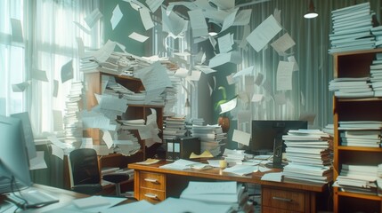 A messy office scene with papers and documents scattered everywhere, perfect for depicting a busy work environment or a disorganized workspace